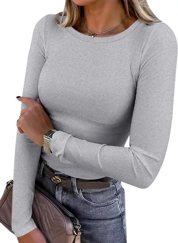 Miniatura 22 de ANRABESS - Camisetas de manga larga para mujer, de punto acanalado, ajustadas, básicas, 2025, informales, para usar a capas o debajo del uniforme