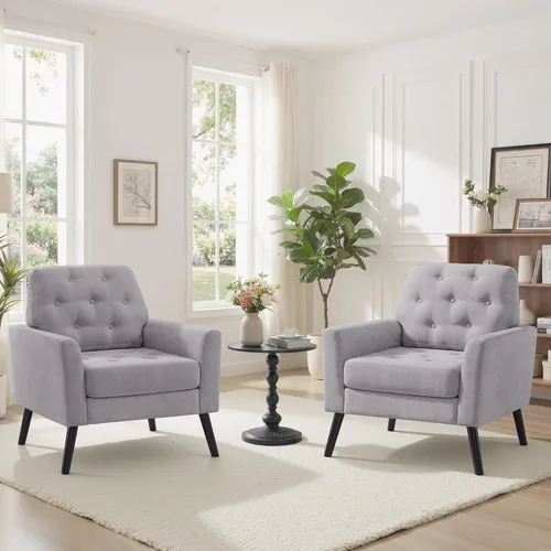 Miniatura 12 de Silla decorativa para sala de estar, silla de lectura moderna de mediados de siglo, sillón tapizado con respaldo copetudo y patas de madera, sofá