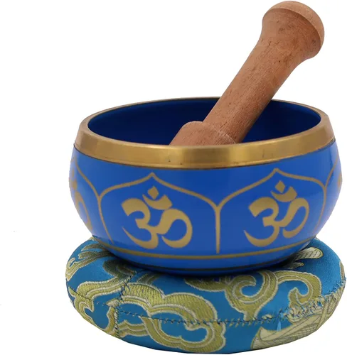 Miniatura 2 de DharmaObjects ~ Juego de cuencos tibetanos OM con mazo, cojín de brocado y bolsa de transporte ~ para meditación, curación de chakras, oración, yoga