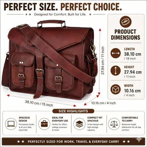 Miniatura 2 de cuero Bolsa de cuero para portátil de 15 pulgadas, maletín de oficina, bolsa de viaje cruzada para hombres y mujeres, bolsa universitaria, bolsa