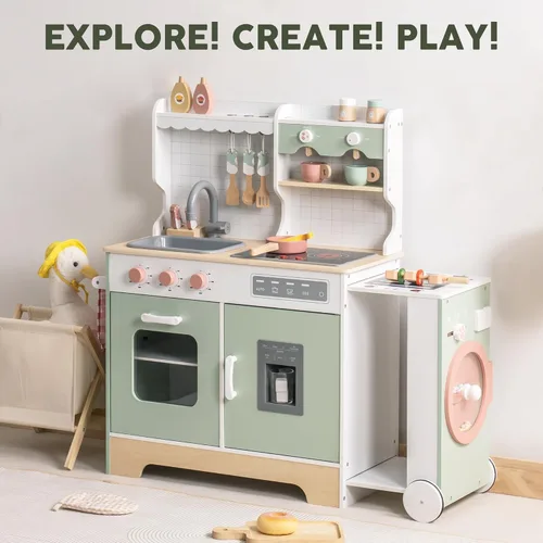 Miniatura 6 de ROBOTIME Cocina de madera para niños, juego de cocina de simulación con máquina de hielo, barbacoa, luces y sonidos, cocina de juguete para niños a