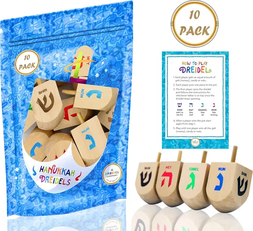The Dreidel Company Hanukkah 10 Dreidels de madera extra grandes pintados a mano de 3 pulgadas - Incluye tarjetas de instrucciones de juego -