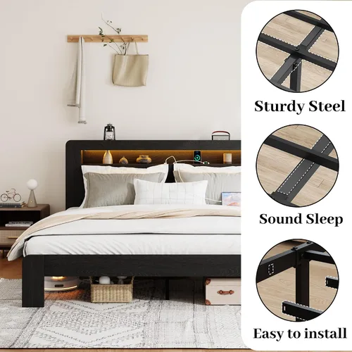 Miniatura 5 de Marco de Cama de Madera Tamaño Full con Cabecera de Almacenamiento, Marco de Cama de Plataforma Estilo Granja con Estante de Librería y Luces LED