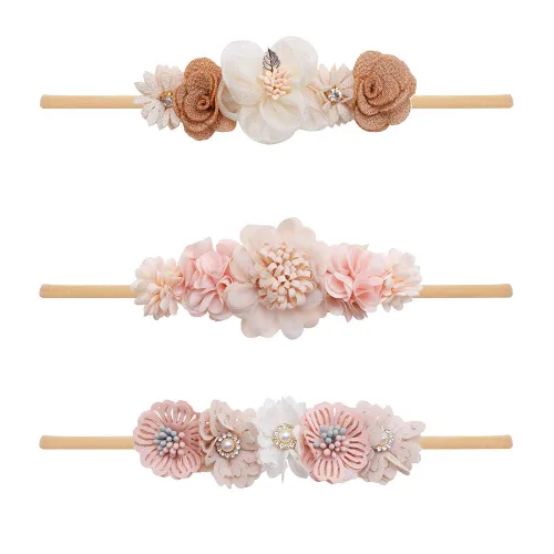 Miniatura 26 de Diademas de flores de nailon para bebé niña, con moños de flores, accesorios elásticos para el cabello, corona, envolturas florales hechas a mano
