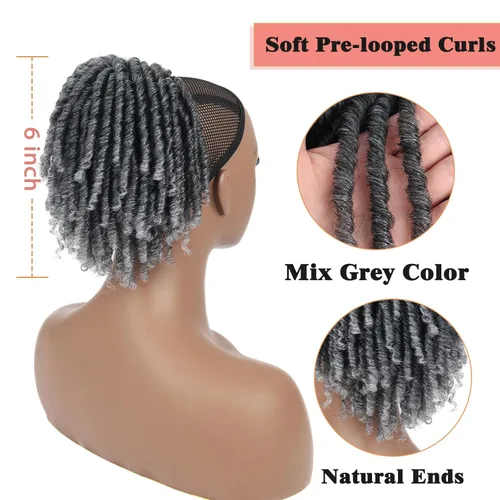 Miniatura 12 de Oseti Extensiones de cabello de cola de caballo gris con cordón para mujeres negras, 18 pulgadas, extensiones de cabello sintético rizado con clip