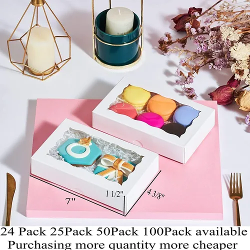 Miniatura 3 de RomanticBaking Paquete de 50 cajas de galletas blancas de 7 x 4 3/8 x 1 1/2 pulgadas, cajas de panadería resistentes con ventana, cajas de macarrón