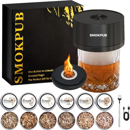 Kit de Ahumador Eléctrico para Whisky Smokpub con Encendido Integrado, Sin Necesidad de Butano, Kit de Ahumador de Cócteles Recargable con 6