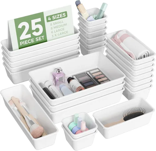 Miniatura 11 de BiuLeon - Juego de 25 organizadores de cajones de plástico, 4 tamaños, organizador de tocador y maquillaje, bandejas organizadoras para cajones