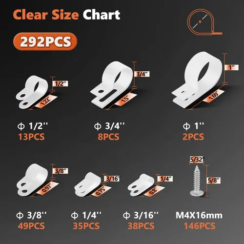 Miniatura 4 de 292PCS Abrazaderas de cable blanco Nylon Plástico R-Type 6 Tamaños 3/16 '' 1/4 '' 3/8 '' 1/2 '' 3/4 '' 1 '' Montaje de cable Kit surtido de clips