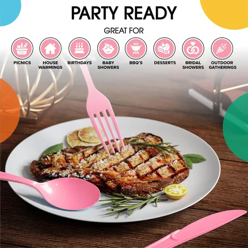 Miniatura 6 de Party Solids Tenedores de plástico rosa, 200 piezas, tenedores rosa, utensilios desechables, juego de cubiertos de plástico resistente