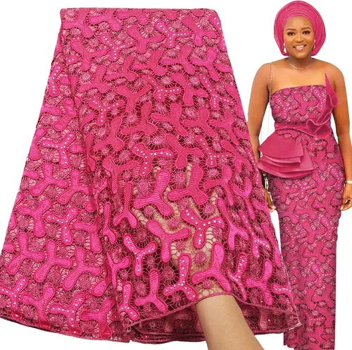 Miniatura 11 de Bestway Diamantes de imitación solubles en agua de moda Bordado con agujeros Tela de encaje africano 5 yardas Tela de estilo de fiesta de boda