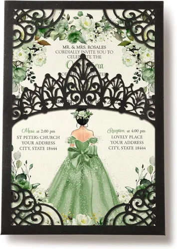Miniatura 12 de 50 invitaciones de quinceañera con corona negra perlada cortada con láser Invitaciones de cumpleaños florales burdeos para Sweet 16/Miss XV
