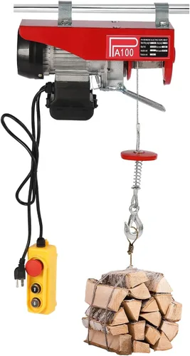Mini polipasto eléctrico con parada de emergencia, capacidad de 220 libras y motor de 110 V de 480 W, incluye control remoto con cable y 2 correas
