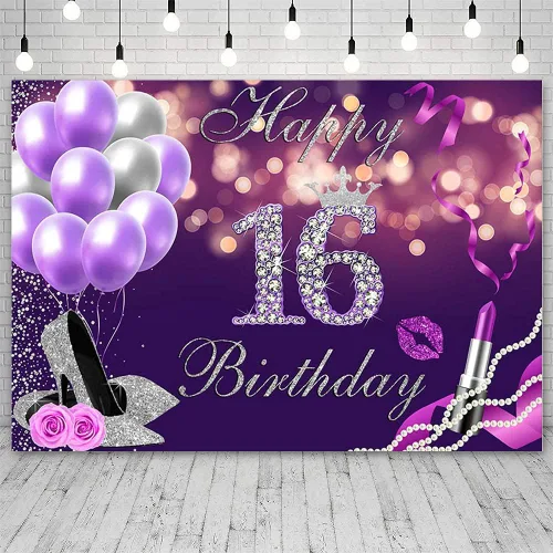 Miniatura 2 de Telón de fondo de feliz cumpleaños número 16 de 7 x 5 pies, globos Bokeh morados con purpurina plateada con purpurina, fondo de lápiz labial