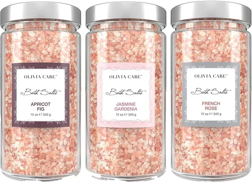 Miniatura 10 de OLIVIA CARE Paquete de 3 sales de baño combinadas por Apricot Fig, French Rose & Jasmine Gardenia – Alivia y relaja los músculos. Exfolia