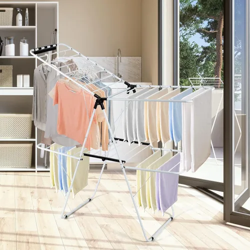 Miniatura 8 de GOFLAME Estante de secado de ropa de 2 niveles, estante plegable para ropa sucia con barra de soporte ajustable, 26 clips premium, ahorro de espacio