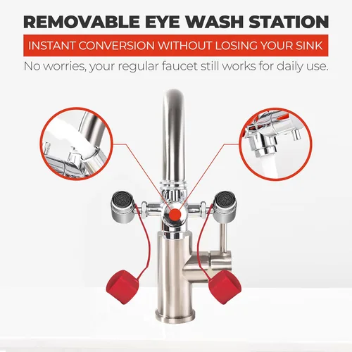Miniatura 4 de TidyFriend - Soporte de grifo de estación de lavado de ojos de emergencia, giratorio de 360°, cobre cromado con señal de seguridad, flujo alto de Red