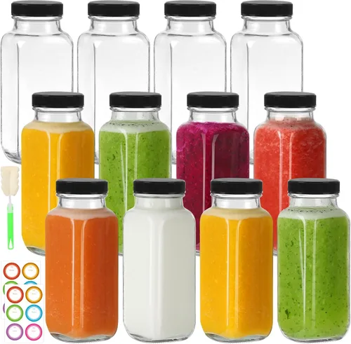 Miniatura 9 de Botellas de jugo de vidrio de 8 onzas con tapas, paquete de 6, botellas de vidrio reutilizables, tarros de agua de 8.5 fl oz para leche, jugos