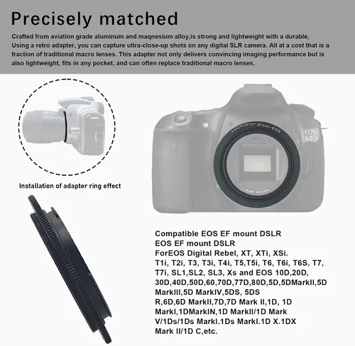 Miniatura 3 de Anillo inverso de lente macro de 1.929 in compatible con Canon EF-S 90D 80D 70D 60Da 60D 50D 40D 30D T6 T7 T5 SL3 SL2 T8i T7i T6i T6s T5i con lente