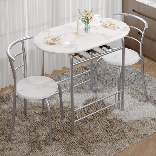 Miniatura 2 de VECELO Juego de mesa de comedor de 3 piezas para rincón de desayuno, mesa ovalada de mármol sintético y marco de metal con estante de vino Blanco