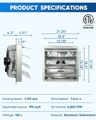 Miniatura 2 de KEN BROWN Ventilador de obturación de 18 pulgadas, ventilador de ventilación montado en la pared de alta velocidad de 2450CFM con cable