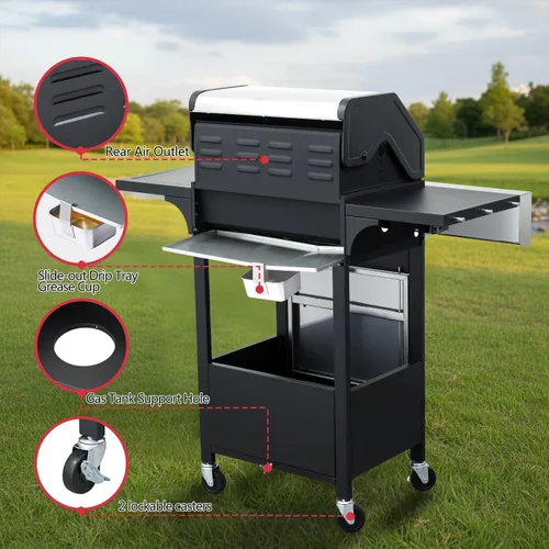 Miniatura 6 de Parrilla de gas propano 3+1 quemador de 39,000 BTU con rejillas de hierro fundido y quemador lateral, tapa de acero inoxidable de doble pared, calor