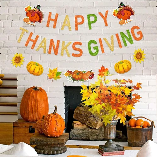 Miniatura 4 de Pancarta con purpurina para decoración de Acción de Gracias, pavo, calabaza, hojas de arce para otoño, fiesta de agradecimiento, decoración