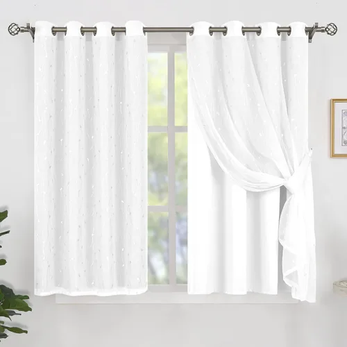Miniatura 18 de BGment Cortinas de oscurecimiento de habitación con superposición transparente, cortinas de tul estampado plateado de doble capa para sala de estar