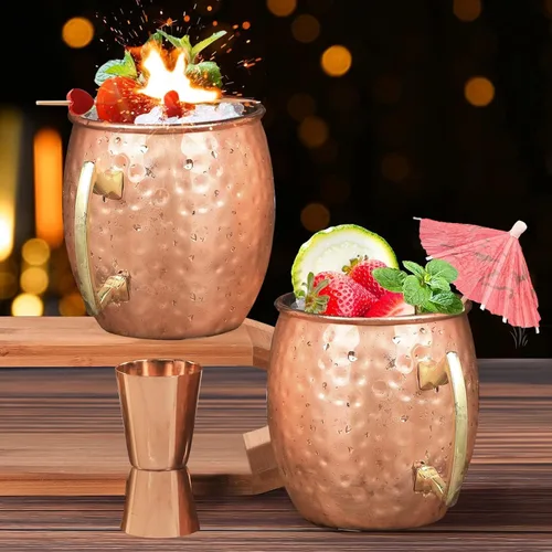 Miniatura 3 de Moscow Mule - Juego de 4 tazas de cobre chapadas de 18 onzas con asa, tazas grandes de acero inoxidable martillado con doble jigger de 0.5 onzas