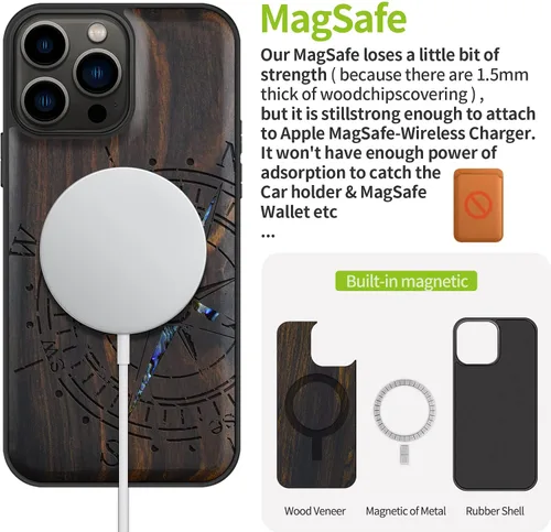 Miniatura 5 de Carveit Funda protectora de madera de diseñador para iPhone 13 Pro Max, cubierta magnética, grabado en madera e incrustaciones de concha, funda