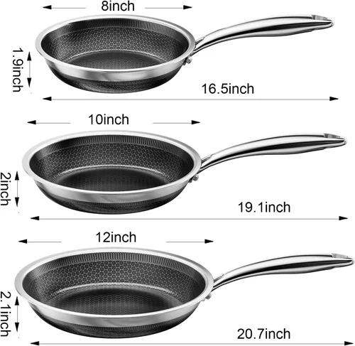 Miniatura 8 de FogDream Sartenes antiadherentes, sartén de acero inoxidable de 12 pulgadas con tapa de vidrio templado, acero inoxidable de tres capas para todas