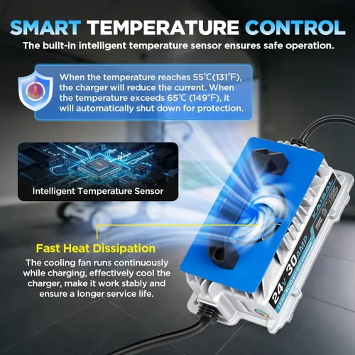 Miniatura 8 de Cargador de batería de 24 V 30 A, cargador de batería inteligente de 24 voltios de 1250 W, 3 formas de conexión, cargador impermeable IP67