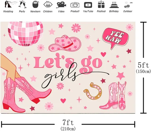 Miniatura 3 de Telón de fondo para niñas con texto en inglés "Let's Go Girls" de 7 x 5 pies, diseño de vaquera para cumpleaños, disco espacial Yee Haw, despedida