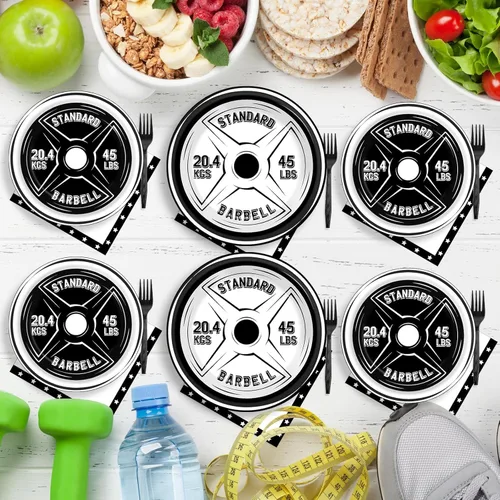 Miniatura 5 de OBUSATT 96 piezas de suministros para fiesta de cumpleaños de gimnasio, tema de culturista, platos de papel para levantamiento de pesas, platos