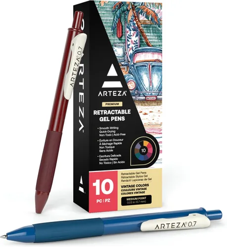 ARTEZA Juego de 10 bolígrafos de gel de colores, colores vintage únicos, bolígrafos retráctiles de colores surtidos