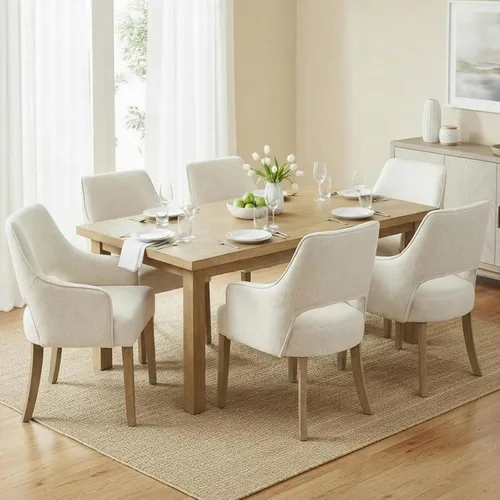 Miniatura 9 de Juego de 6 sillas de comedor tapizadas de granja, sillas de comedor de tela de lino con brazos, sillas laterales de cocina de madera maciza