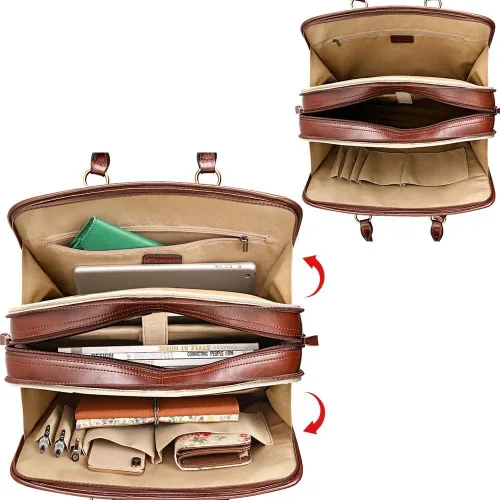 Miniatura 28 de Kattee Maletín de cuero genuino para mujer, bolsa de computadora portátil de gran capacidad con etiqueta de equipaje
