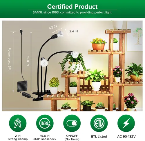 Miniatura 6 de SANSI Luces LED de Cultivo para Plantas de Interior, 450W Espectro Completo Lámpara de Cultivo de Cuello de Cisne de 3 Cabezales con Tecnología
