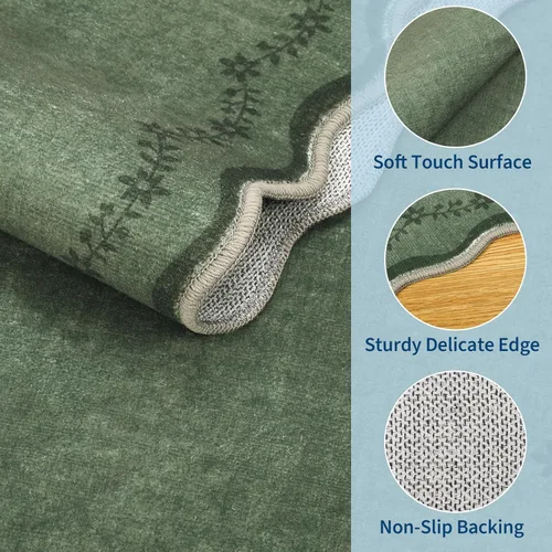Miniatura 4 de GarveeHome 2.6x10 Alfombra Lavable con Bordes Ondulados para Cocina, Alfombra Larga de Pasillo Suave en Verde Oscuro, Alfombra Antideslizante