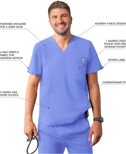 Miniatura 3 de Adar Addition - Ropa quirúrgica para hombre - Moderna camiseta médica con cuello en V con múltiples bolsillos