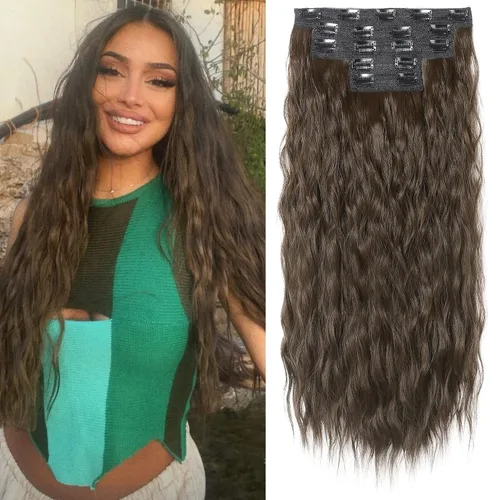 Miniatura 16 de REECHO Extensiones de cabello con clip, 5 piezas, de 24 pulgadas, de color rubio ceniza, extensiones de cabello con ondas largas y sueltas, HE002