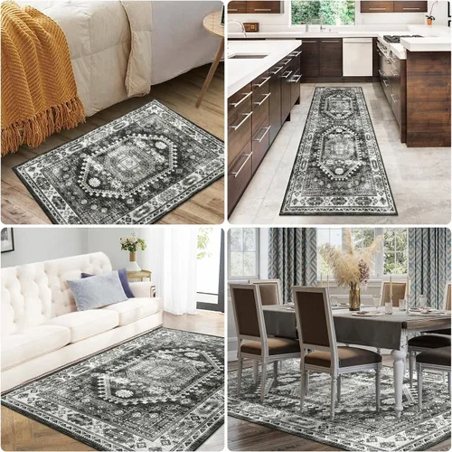 Miniatura 8 de FairOnly Alfombra bohemia lavable de 2 x 6 pies, estilo vintage, envejecida, tribal, antideslizante, no desprende pelusa, suave, plegable, alfombra