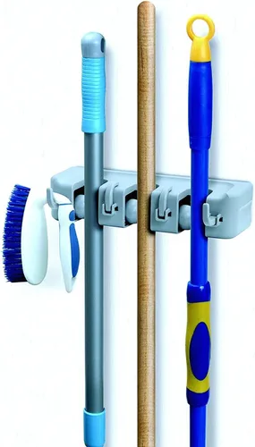 Miniatura 13 de Superio Soporte de pared para fregona y escoba (negro) Herramientas de limpieza Organizador de pared, 5 ranuras para estante y 6 ganchos