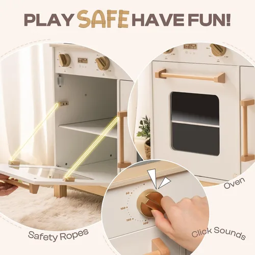 Miniatura 6 de ROBOTIME Juego de cocina para niños pequeños, juego de cocina de madera para niños con luces reales y sonidos/dispensador de cubitos de hielo, Blanco
