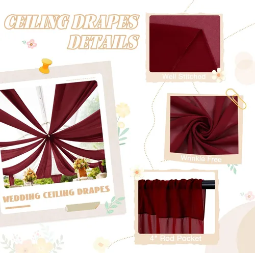 Miniatura 3 de FUHSY Cortinas de techo para arco de boda, tela drapeada, tela de gasa, cortinas de gasa burdeos para telón de fondo, 5 x 20 pies, 2 paneles