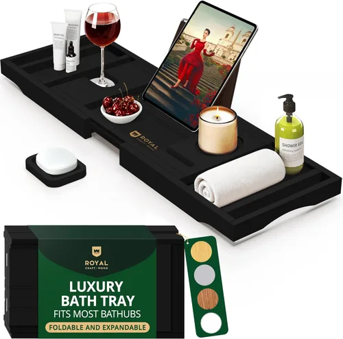 Miniatura 12 de ROYAL CRAFT WOOD Bandeja de Caddy para Bañera de Bambú, Estante de Baño Premium Plegable de Madera, Mesa de Baño de Bañera Extensible y Accesorios