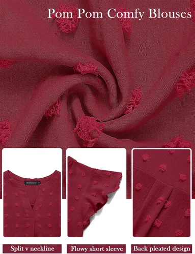 Miniatura 4 de MEROKEETY Blusa de manga corta con volantes y cuello en V para primavera 2026, para verano, con lunares suizos, elegante, informal, con vuelo