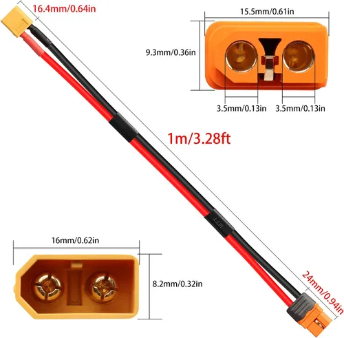Miniatura 4 de GELRHONR XT60i Cable de extensión 1M, XT60 macho a XT60i hembra Cable conector 12AWG Cable de silicio, para Ebike, cargador de batería Lipo de coche