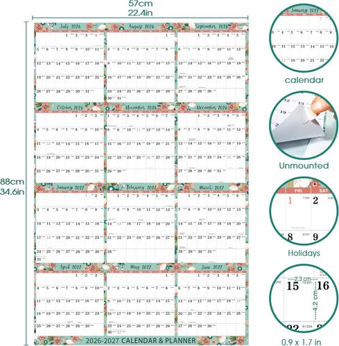 Miniatura 3 de Calendario 2026-2027 – Calendario anual de pared 2026-2027, julio 2026 - junio 2027, 22.4 x 34.6, calendarios de pared plegados de papel, calendario