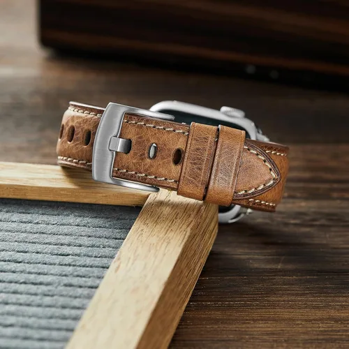 Miniatura 4 de Genuine Leather Watch Band Compatible with Apple Watch,Italian Cowhide,Retro Style,Silver Buckle,Golden Brown and Chestnut Brown,38/40/41mm and